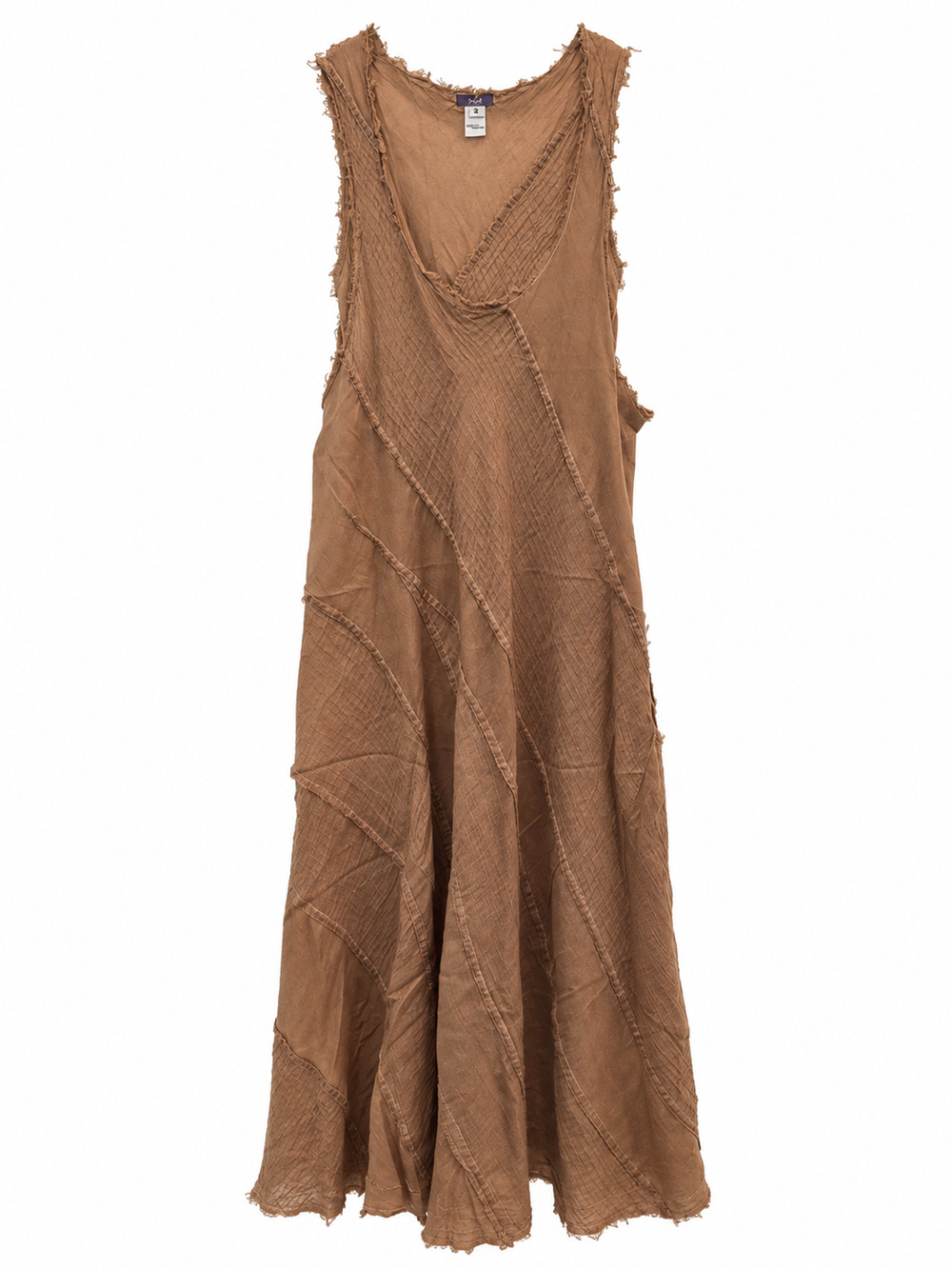 Dosa Boho Patchwork Midi Dress Sleeveless Women Size2 Brown 100% Cotton Raw Edge